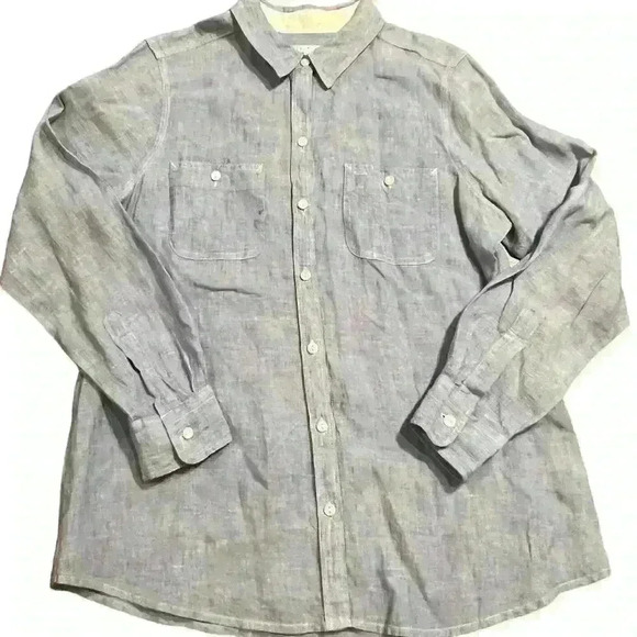 Foxcroft Women's Linen Chambray Button-up Collared Shirt Size 10 Blue Casual - Picture 1 of 8